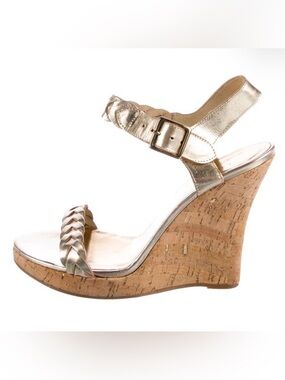 kate spade Metallic Gold Braided Strap Cork 5” Wedge Heel  Sandals (size 10)